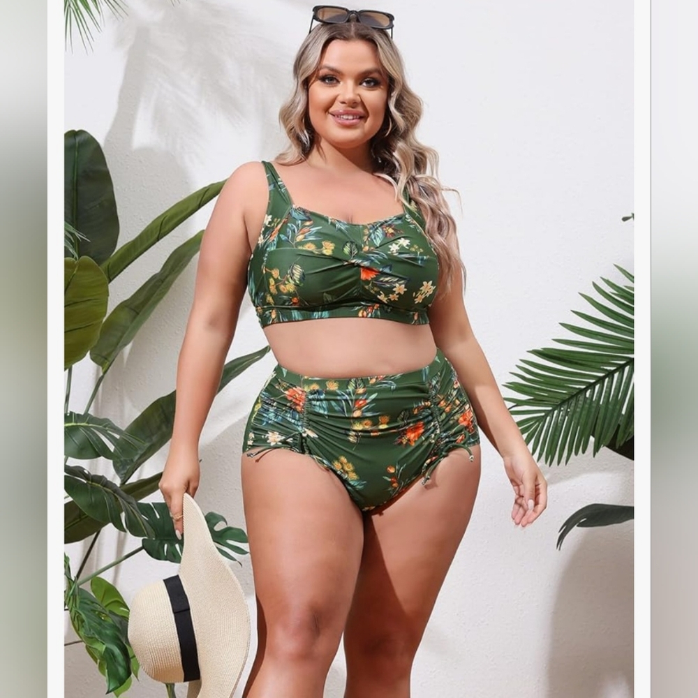 Hanna Nikole Floral Green Bikini Set Tummy Control High Waisted NWT